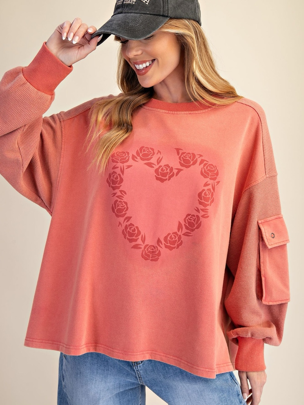 155. Easel Coral Rose Heart Pullover Top